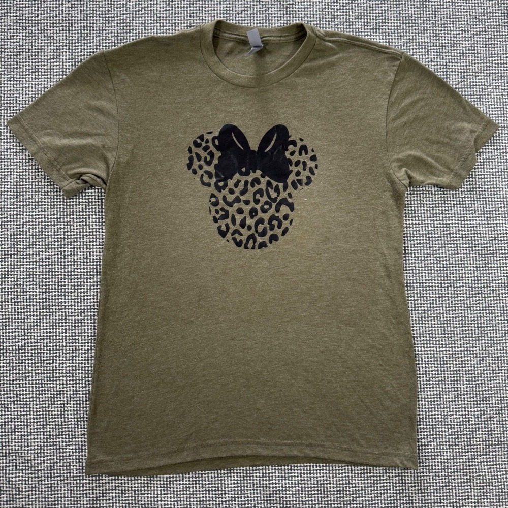 Womens Minnie Mouse Leopard Print Graphic T-Shirt Olive Green Size Small